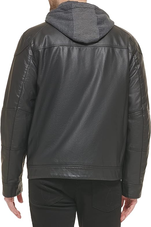 Men's Black Leather Moto Jacket with Removable Hood-LEE-Leather-Jackets-002