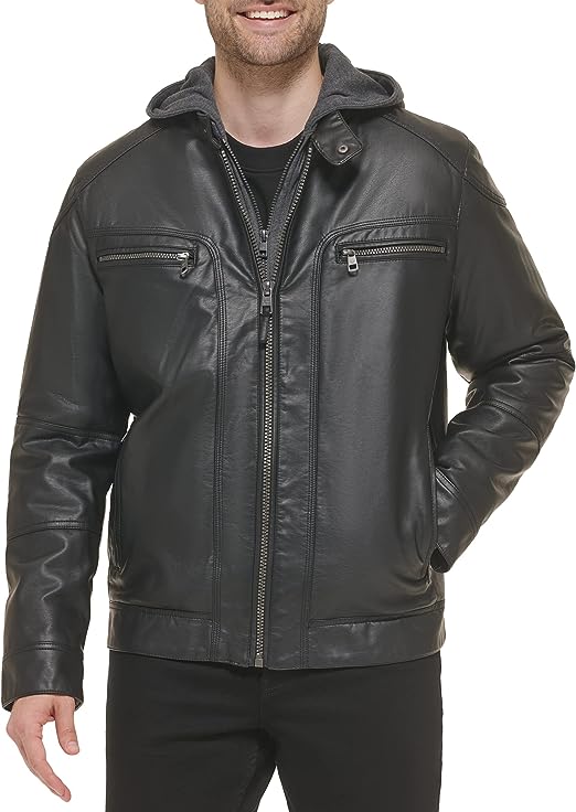 Men's Black Leather Moto Jacket with Removable Hood-LEE-Leather-Jackets-003