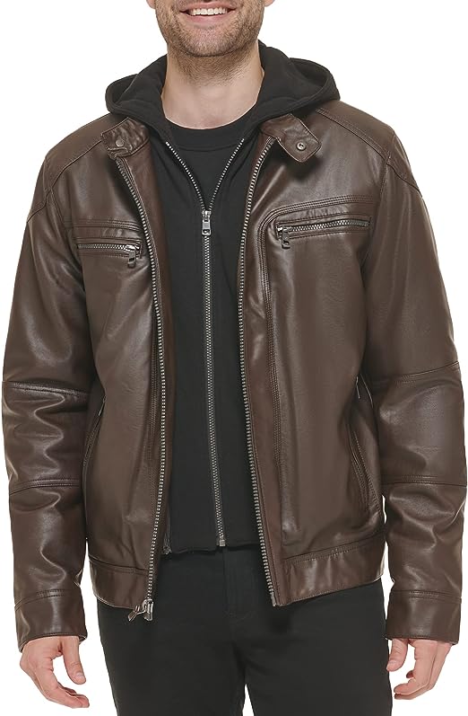 Men's Brown Leather Moto Jacket with Removable Hood-LEE-Leather-Jackets-001