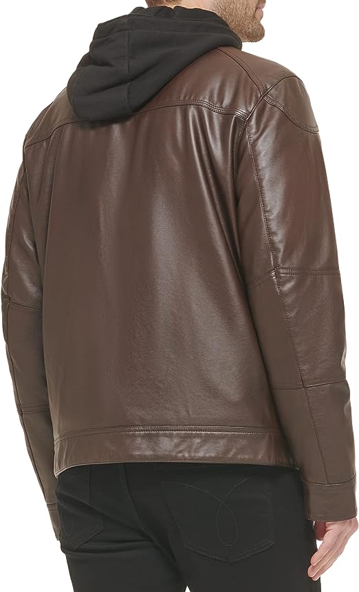 Men's Brown Leather Moto Jacket with Removable Hood-LEE-Leather-Jackets-003