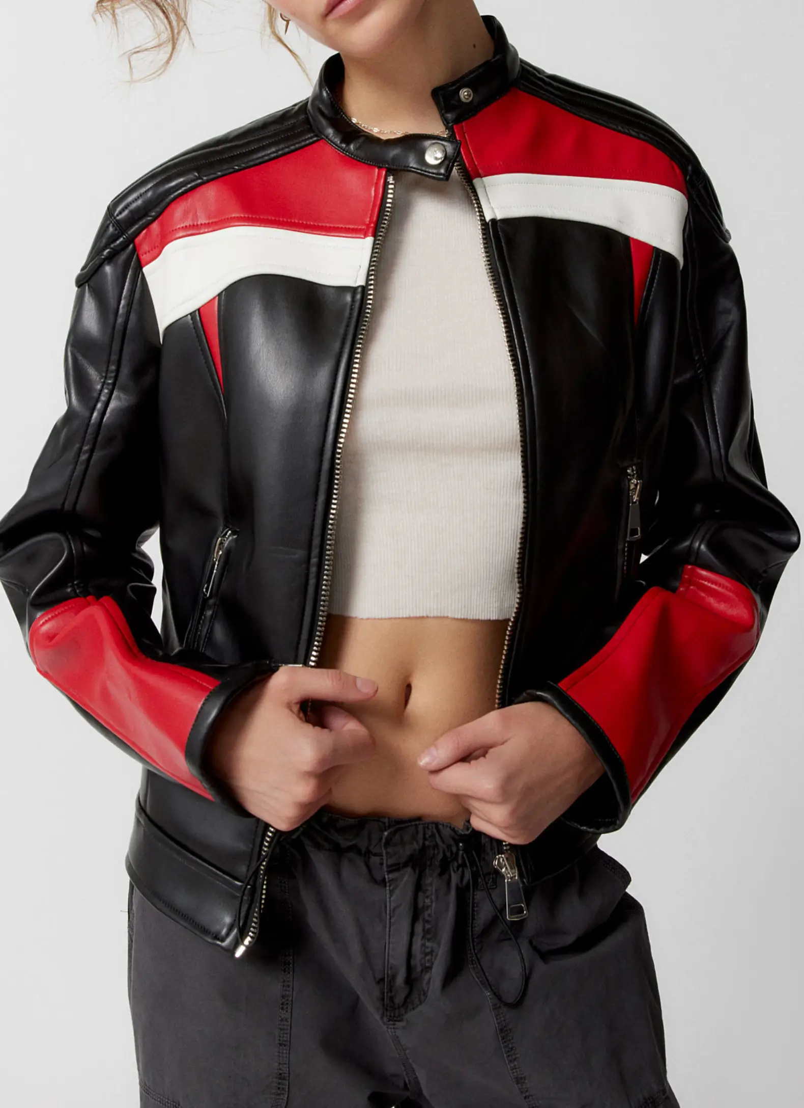 Women's Red & White Stripe Biker Leather Jacket-LEE-Leather-Jackets-001