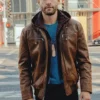 Men’s Brown Leather Jacket With Removable Hood