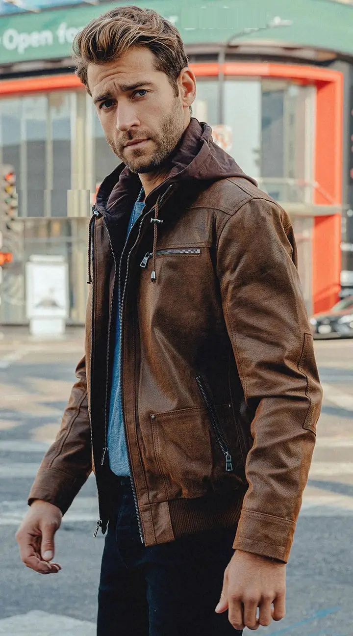 Men’s Brown Leather Jacket With Removable Hood