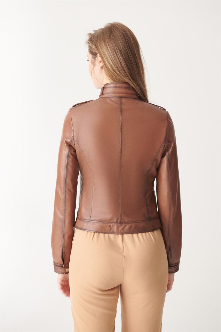 Women's Brown Sport Cafe Racer Leather Jacket-LEE-Leather-Jacket-001