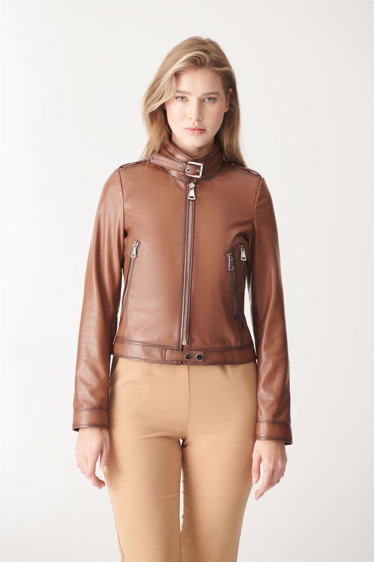 Women's Brown Sport Cafe Racer Leather Jacket-LEE-Leather-Jacket-002