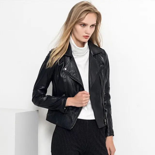 Women's Black Sheepskin Moto Leather Jacket