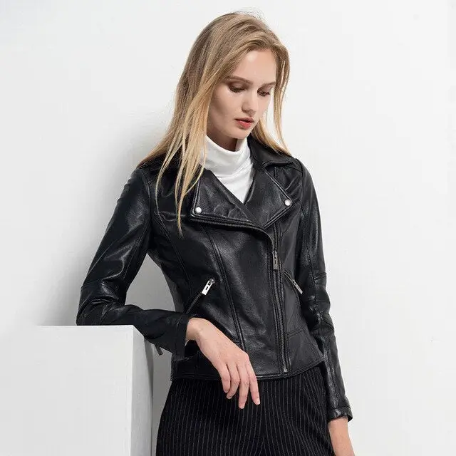 Women's Black Sheepskin Moto Leather Jacket