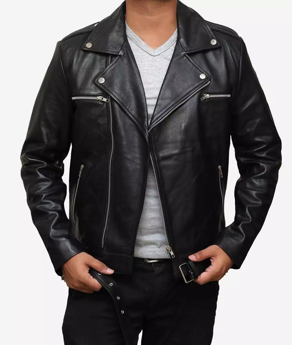 Men's Black Asymmetrical Belted Moto Leather Jacket