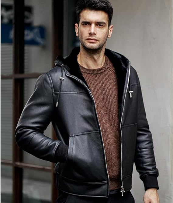 Men's Black Hooded Leather Jacket-Lee-Leather-Jackets