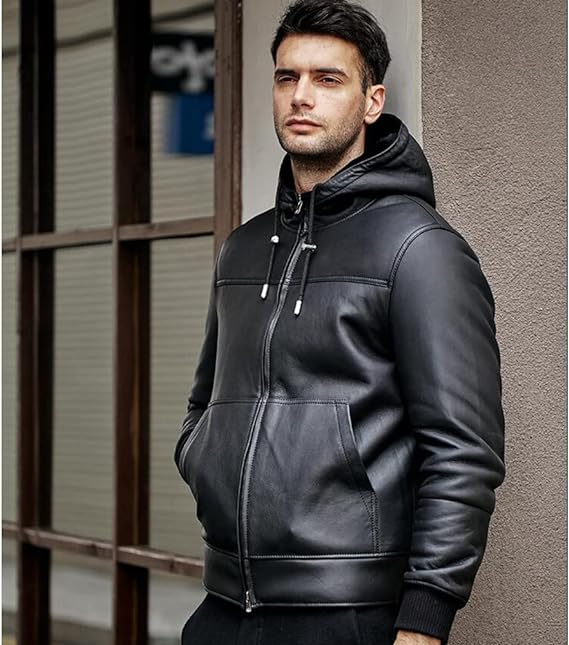 Men's Black Hooded Leather Jacket-Lee-Leather-Jackets