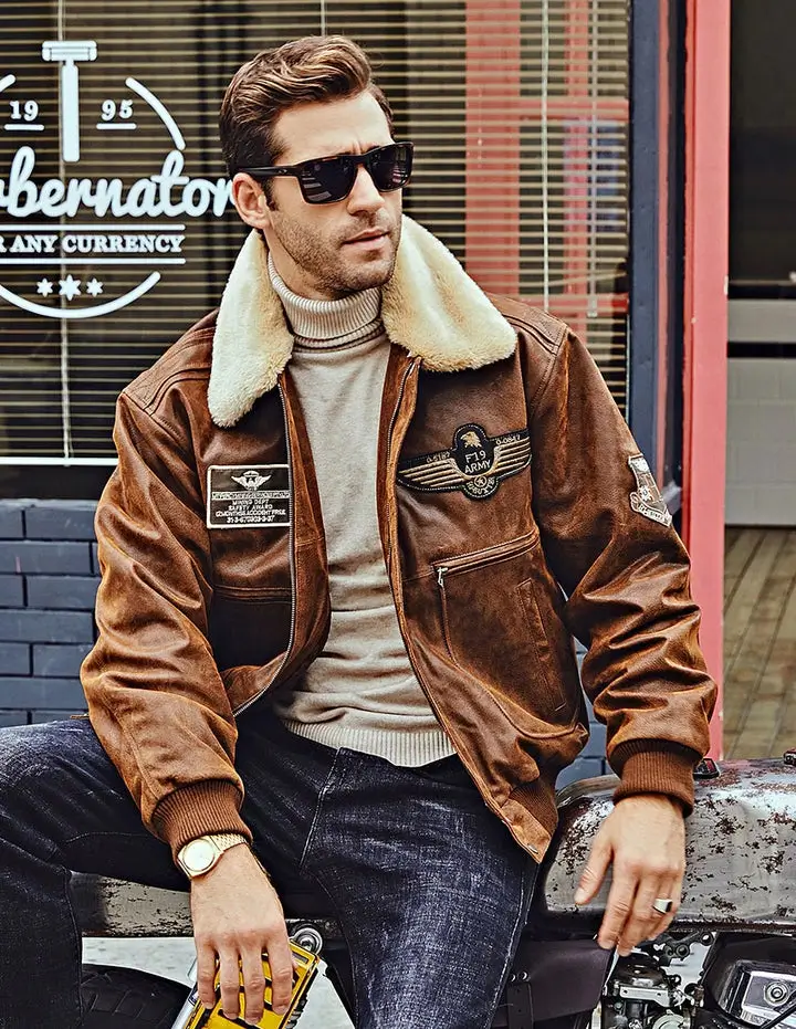 Men's Leather Aviator Bomber Jacket with Removable Collar