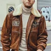 Men's Leather Aviator Bomber Jacket with Removable Collar
