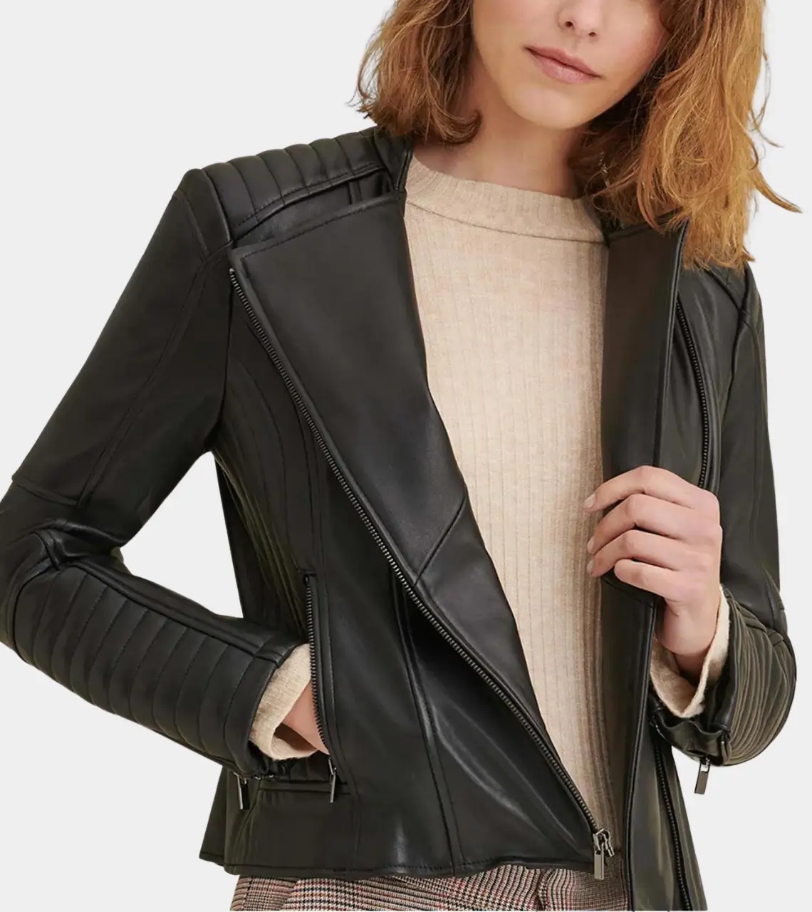 Women's Ban Collar Leather Jacket-LEE-Leather-Jackets