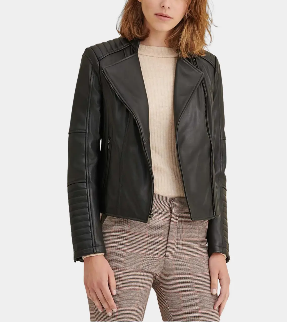 Women's Ban Collar Leather Jacket-LEE-Leather-Jackets