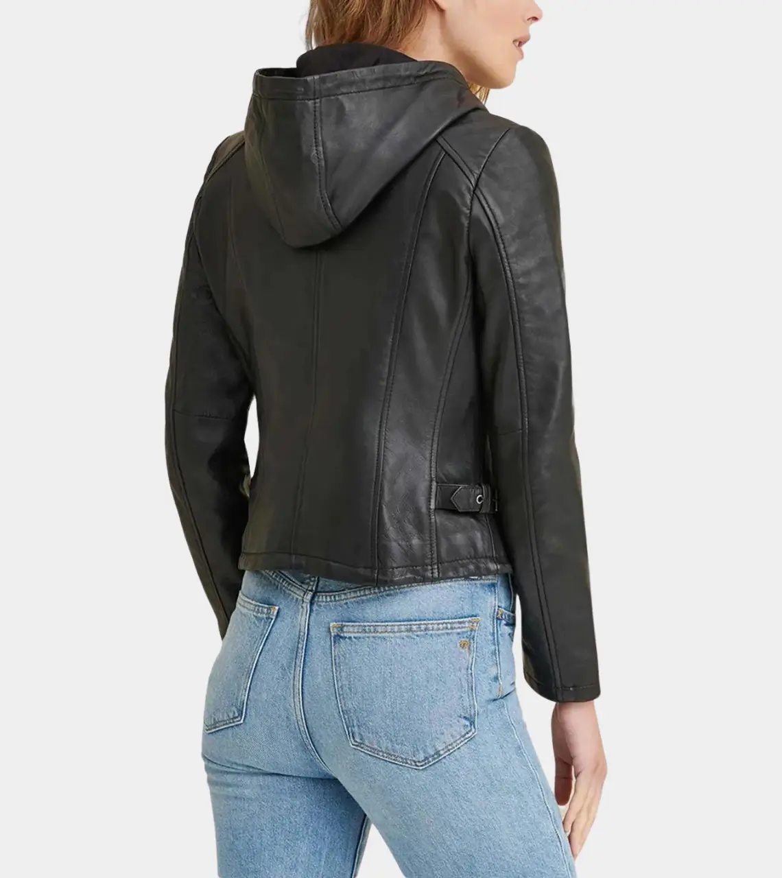 Women’s Black Biker Hoodie Jacket-LEE-Leather-Jackets