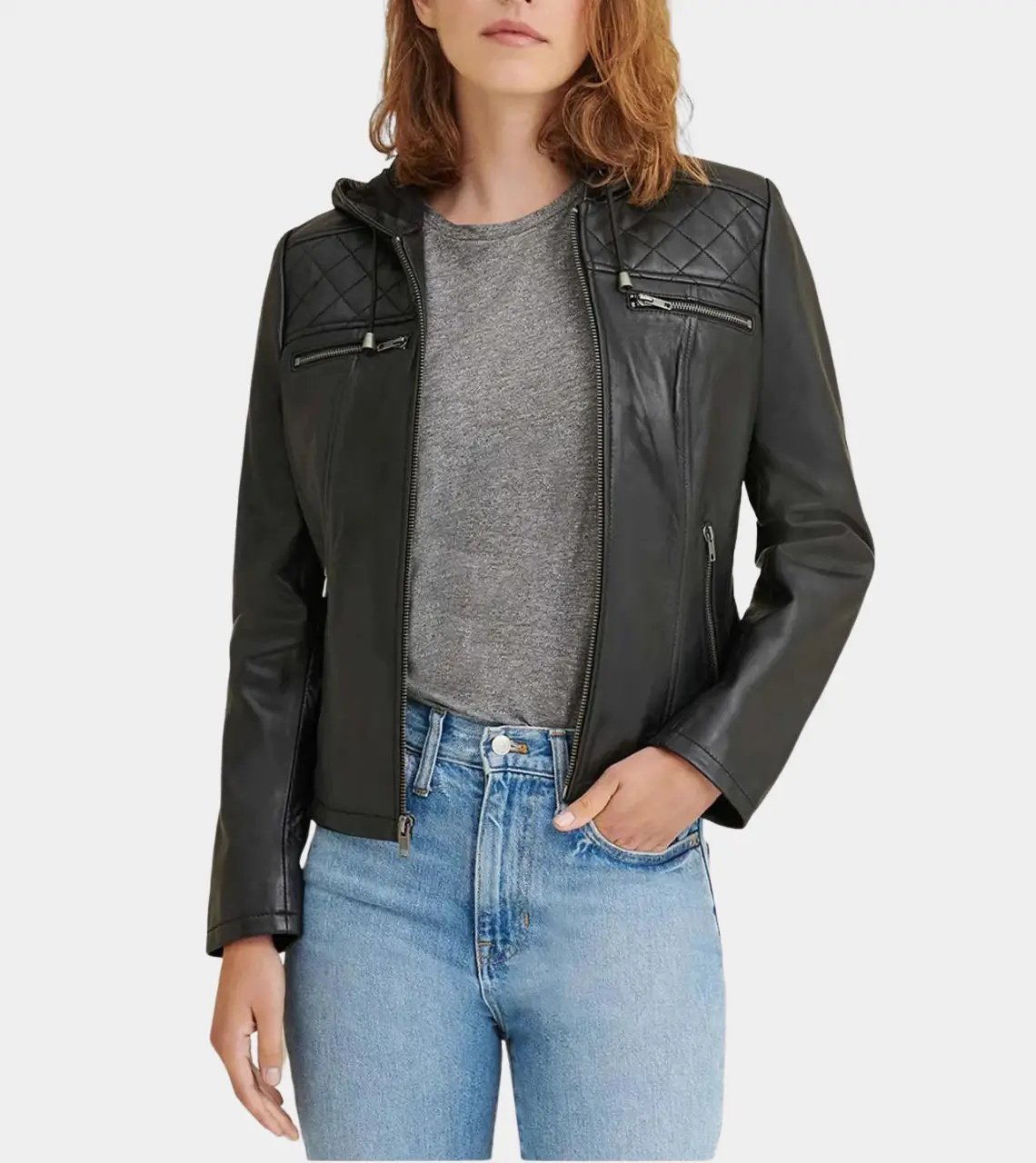 Women’s Black Biker Hoodie Jacket-LEE-Leather-Jackets