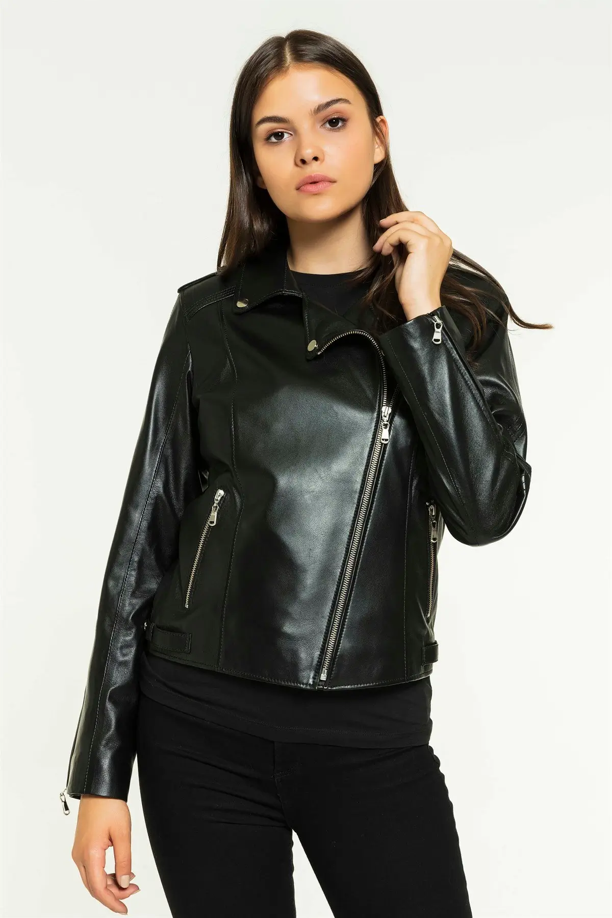 Women's Classic Dark Green Biker Leather Jacket