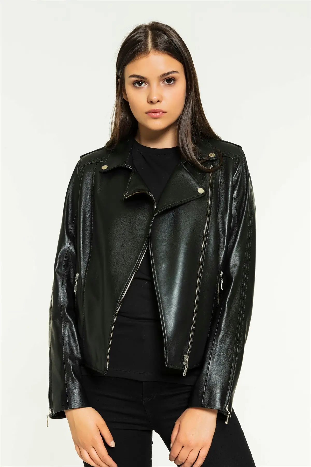 Women's Classic Dark Green Biker Leather Jacket