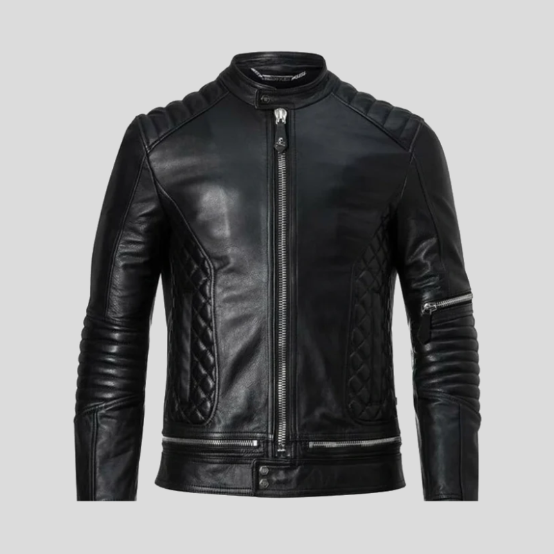 Men's Black Bomber Quilted Leather Jacket - Lee Leather Jackets -001