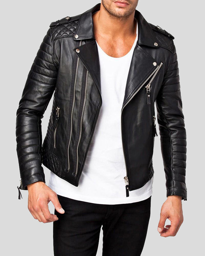 Men's Quilted Leather Biker Jacket - Lee Leather Jackets -001