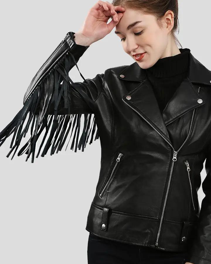 Black Biker Women's Fringe Leather Jackets - Lee Leather Jackets -005