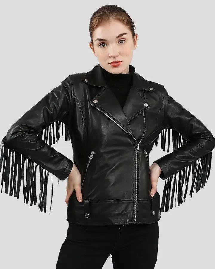 Black Biker Women's Fringe Leather Jackets - Lee Leather Jackets -007
