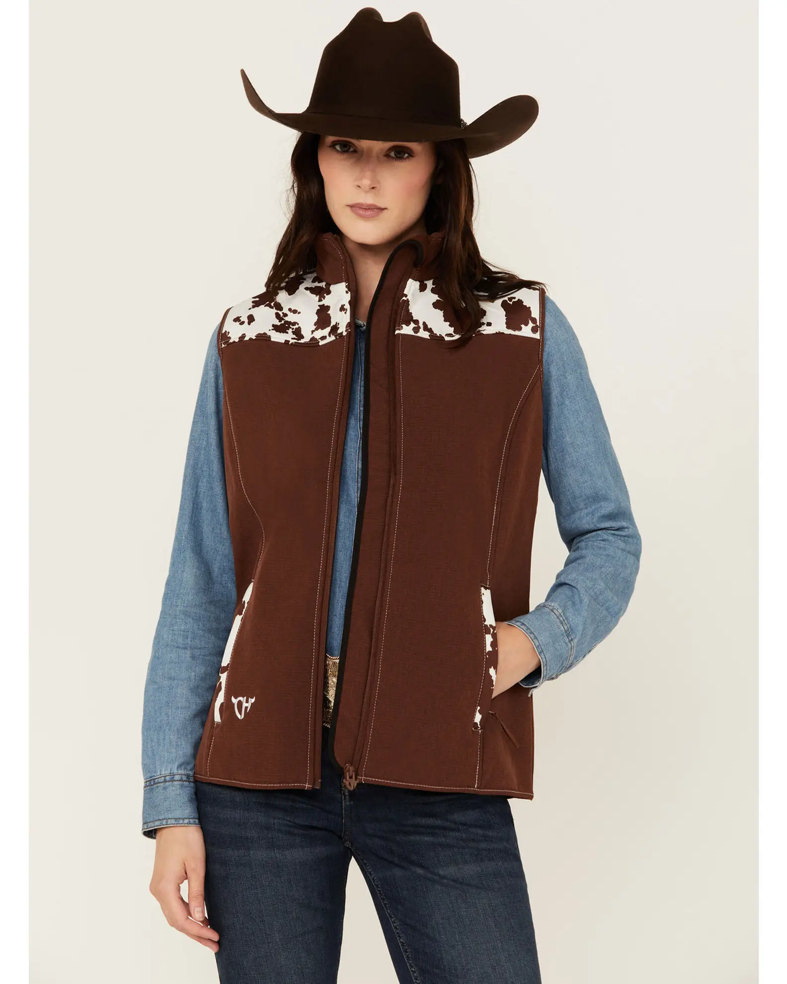 Cowgirl Leather Vest Women's Cow Print Yoke Vest - Lee Leather Jackets -001