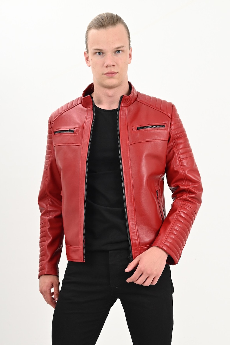 Men's Red Lambskin Leather Jacket - Lee Leather Jackets -001