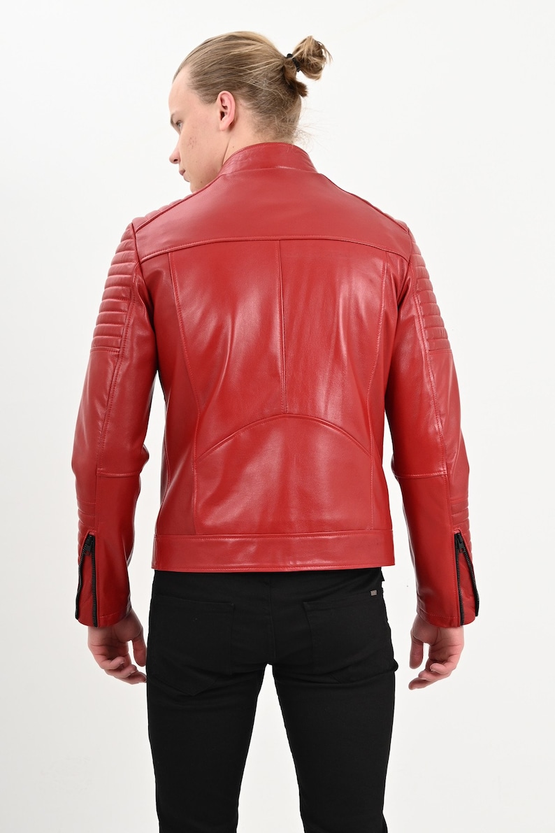 Men's Red Lambskin Leather Jacket - Lee Leather Jackets -002