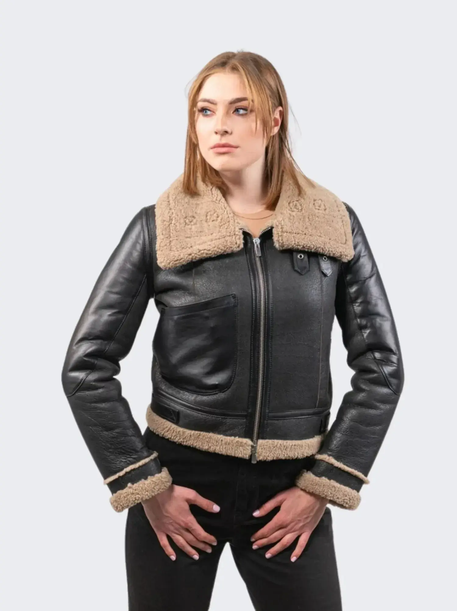 Women's Black Moto Style Shearling Leather Jacket - Lee Leather Jackets -04