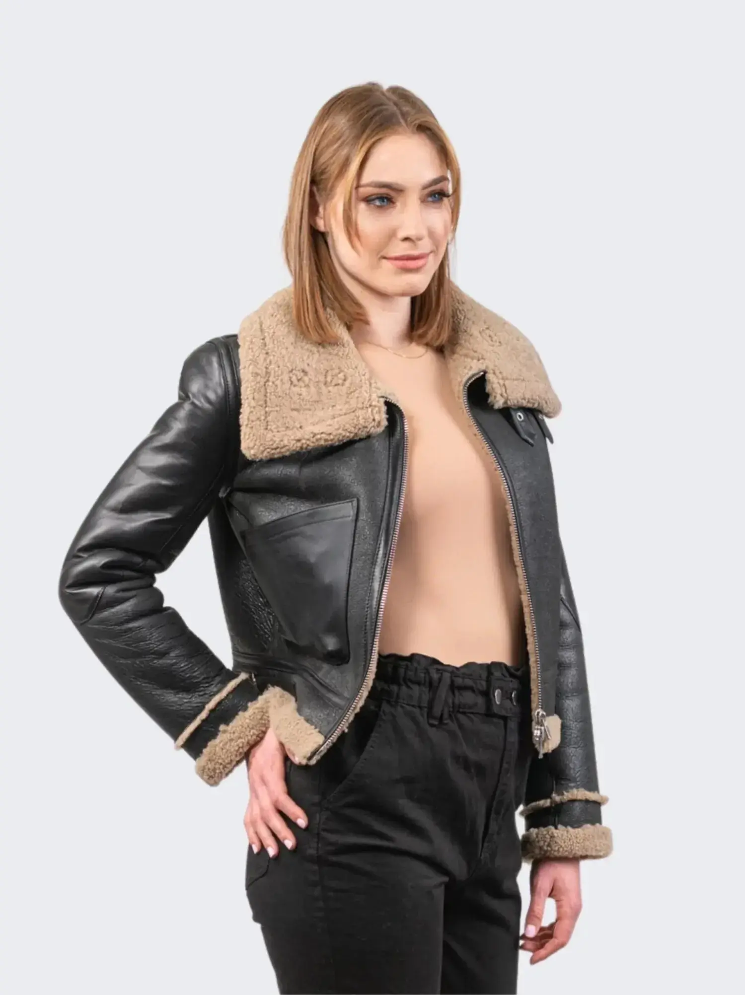 Women's Black Moto Style Shearling Leather Jacket - Lee Leather Jackets -05