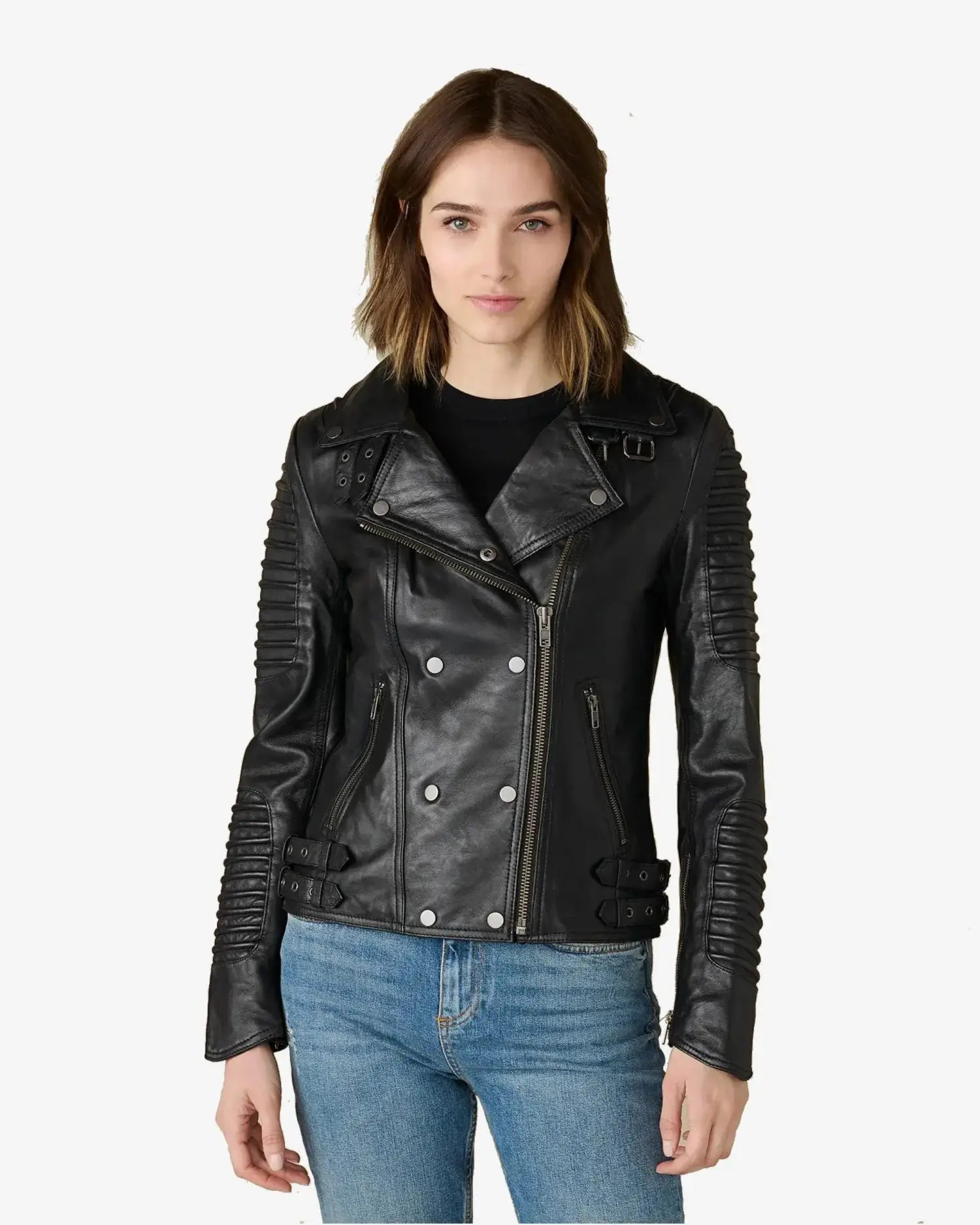 Women's Black Quilted Biker Leather Jacket - Lee Leather Jackets -002