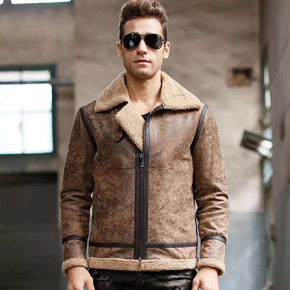 Men's Bomber Airforce Flight Shearling Leather Jacket - Mens Avitor bomber Leathe r Jacket- Lee Leather Jackets -003