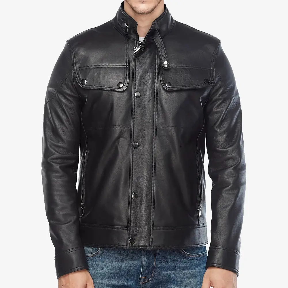 Men’s-Black-Classic-Leather Biker-Jacket-Front-Lee-Leather-Jackets