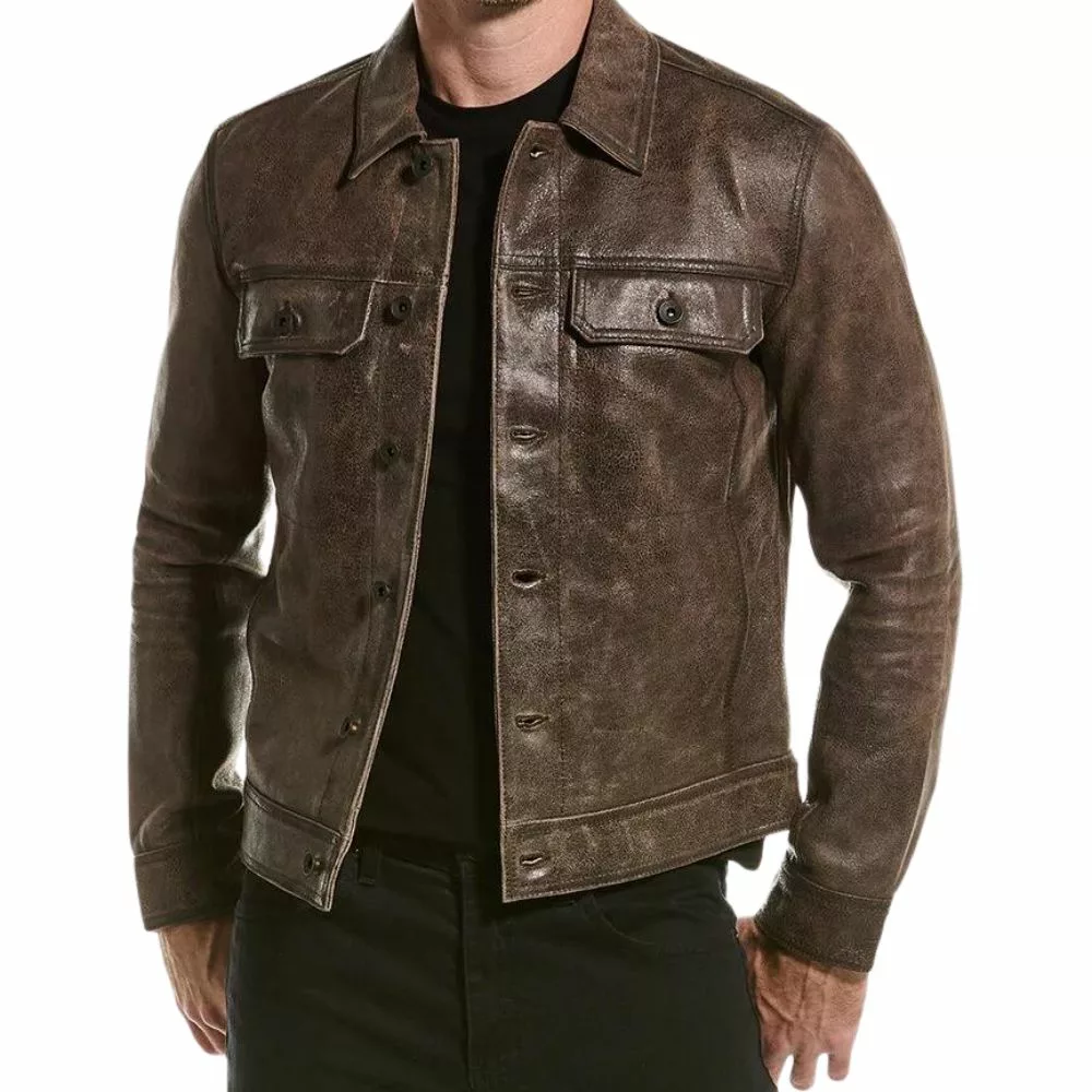Men's-Brown Trucker-Biker -Leather -Jacket-Front-Lee-Leather-Jackets