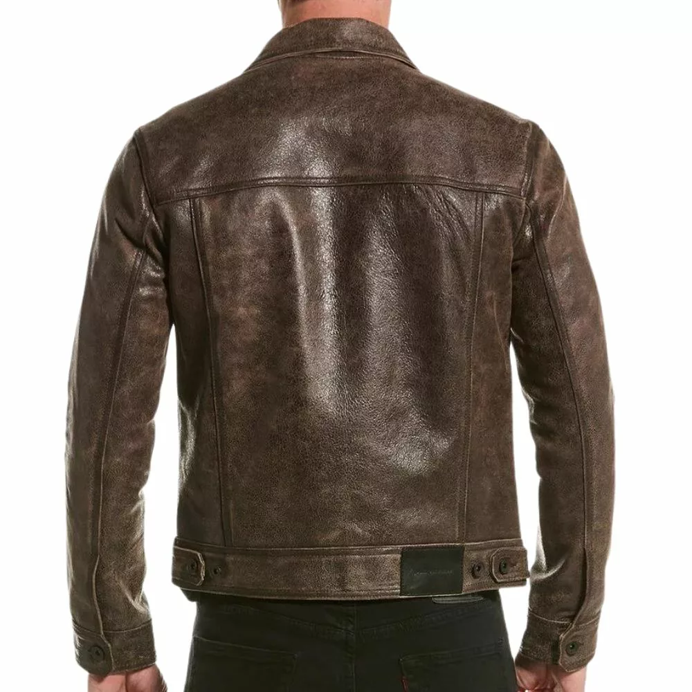 Men's-Brown Trucker-Biker -Leather -Jacket-Front-Lee-Leather-Jackets