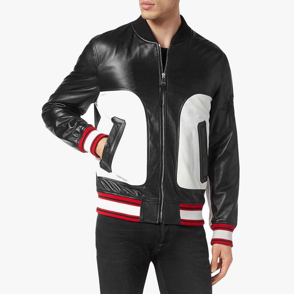 Men’s-Leather-Bomber-Black-and-White-Jacket-Front-Lee-Leather-Jackets