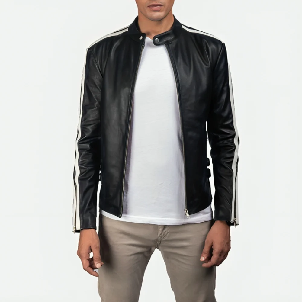 Men's-White-Striped-Cafe-Racer-Leather-Jacket-Front-Lee-Leather-Jackets