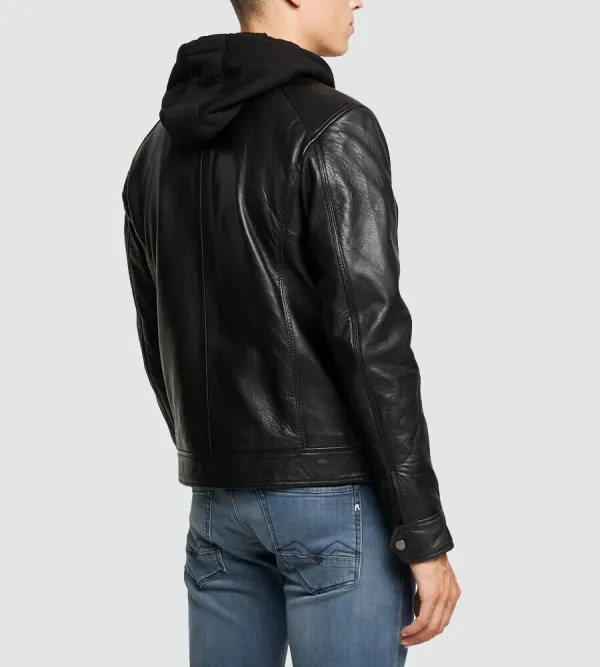Mens-Black-Hooded-Biker-Jacket-Back