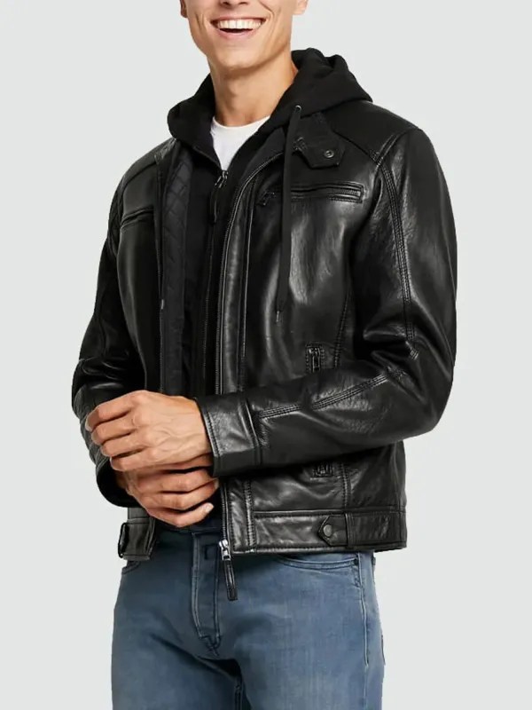 Mens-Black-Hooded-Biker-Jacket-Front