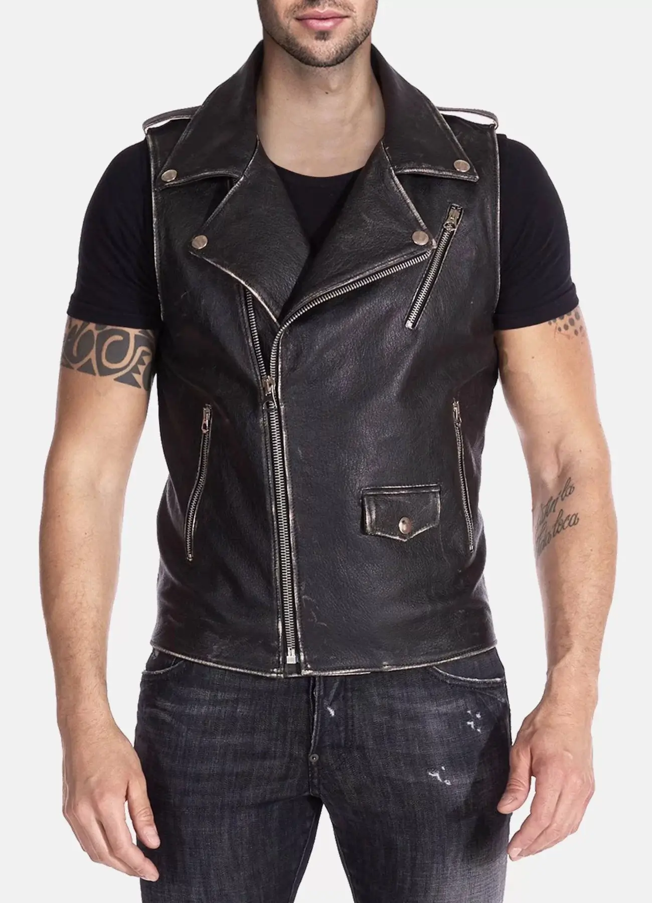 Mens-Distressed-Black-Leather-Biker-Front-Vest-Lee-leather-jackets